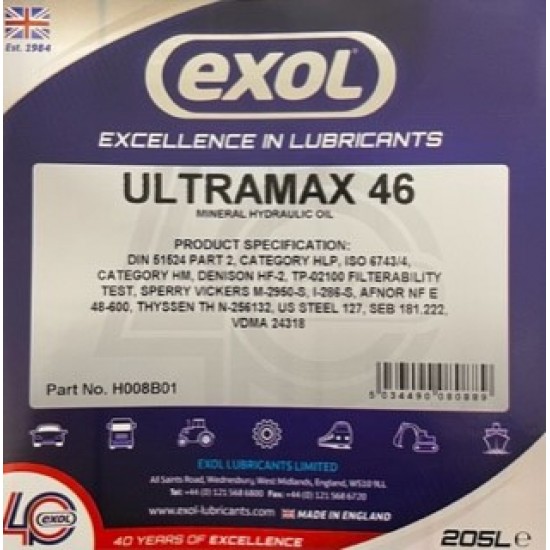 Exol Ultramax ISO 46 Hydraulic Oil 205 Litres