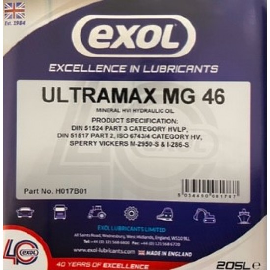 Exol Ultramax MG 46 HVI Hydraulic Oil 205 Litres