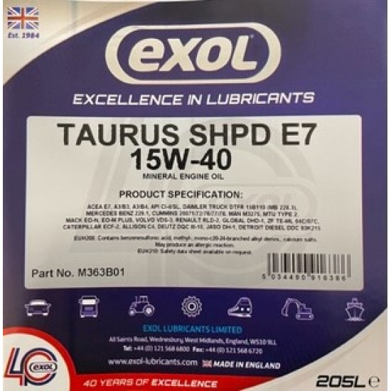 Exol Taurus SHPD E7 15W-40 - E7 Engine Oil 205 Litres