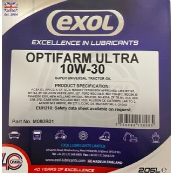 Exol Optifarm Ultra SUTO 10W-30 Super Universal Tractor  Oil 205 Litres